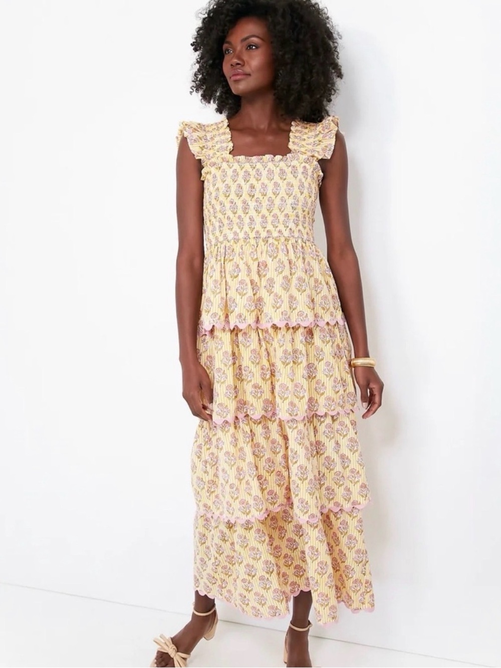 SAYLOR Yellow Floral Tiered Maxi Dress with Pink Accents